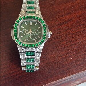 Green Crystal Accent Silver-Tone Chronograph Watch